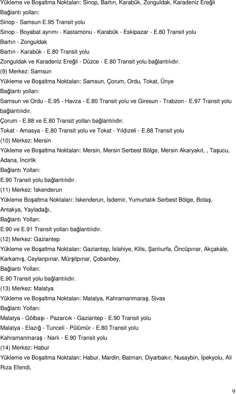 (9) Merkez: Samsun Yükleme ve Boşaltma Noktaları: Samsun, Çorum, Ordu, Tokat, Ünye Samsun ve Ordu - E.95 - Havza - E.80 Transit yolu ve Giresun - Trabzon - E.97 Transit yolu bağlantılıdır. Çorum - E.