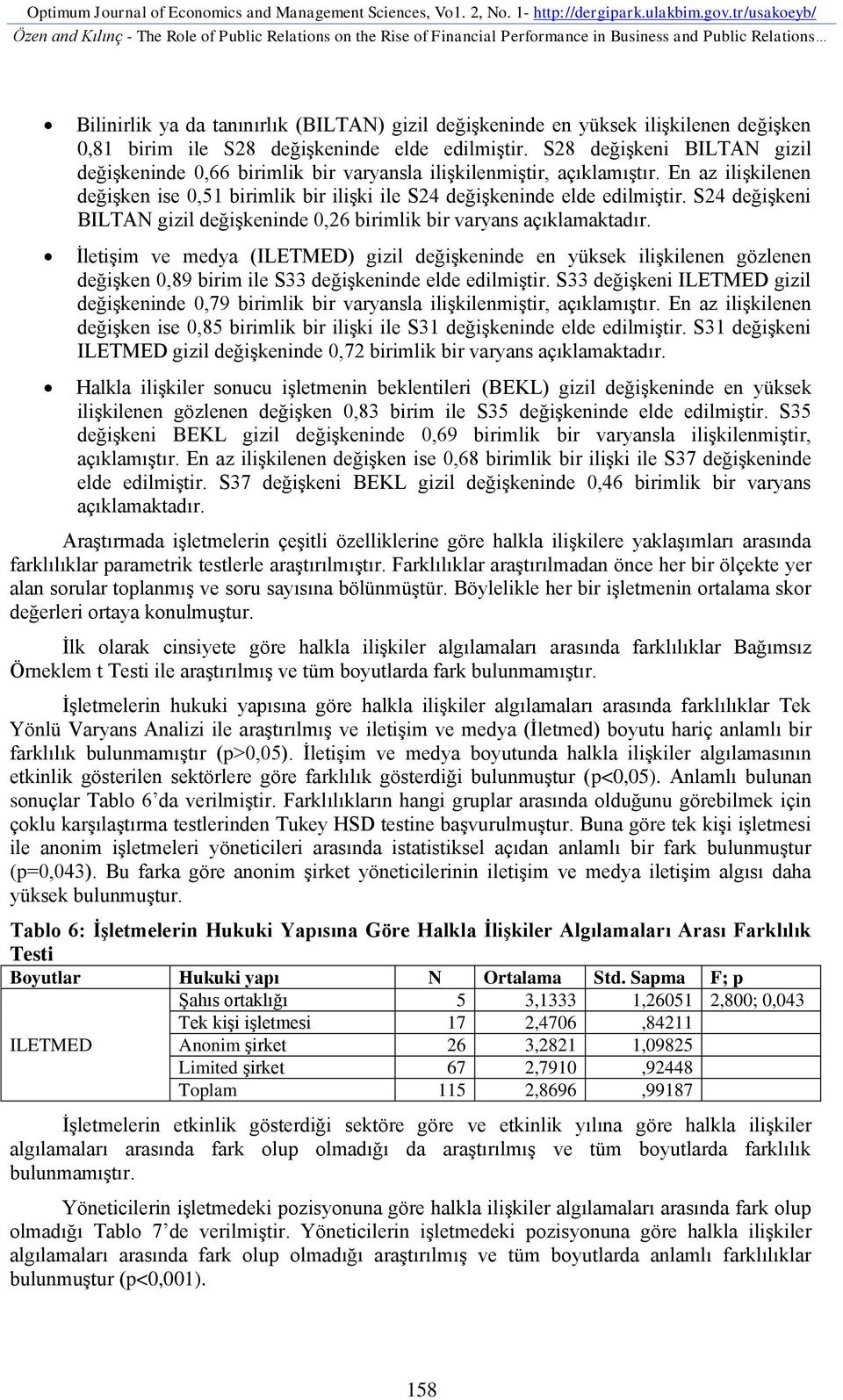 ilişkilenen değişken 0,81 birim ile S28 değişkeninde elde edilmiştir. S28 değişkeni BILTAN gizil değişkeninde 0,66 birimlik bir varyansla ilişkilenmiştir, açıklamıştır.