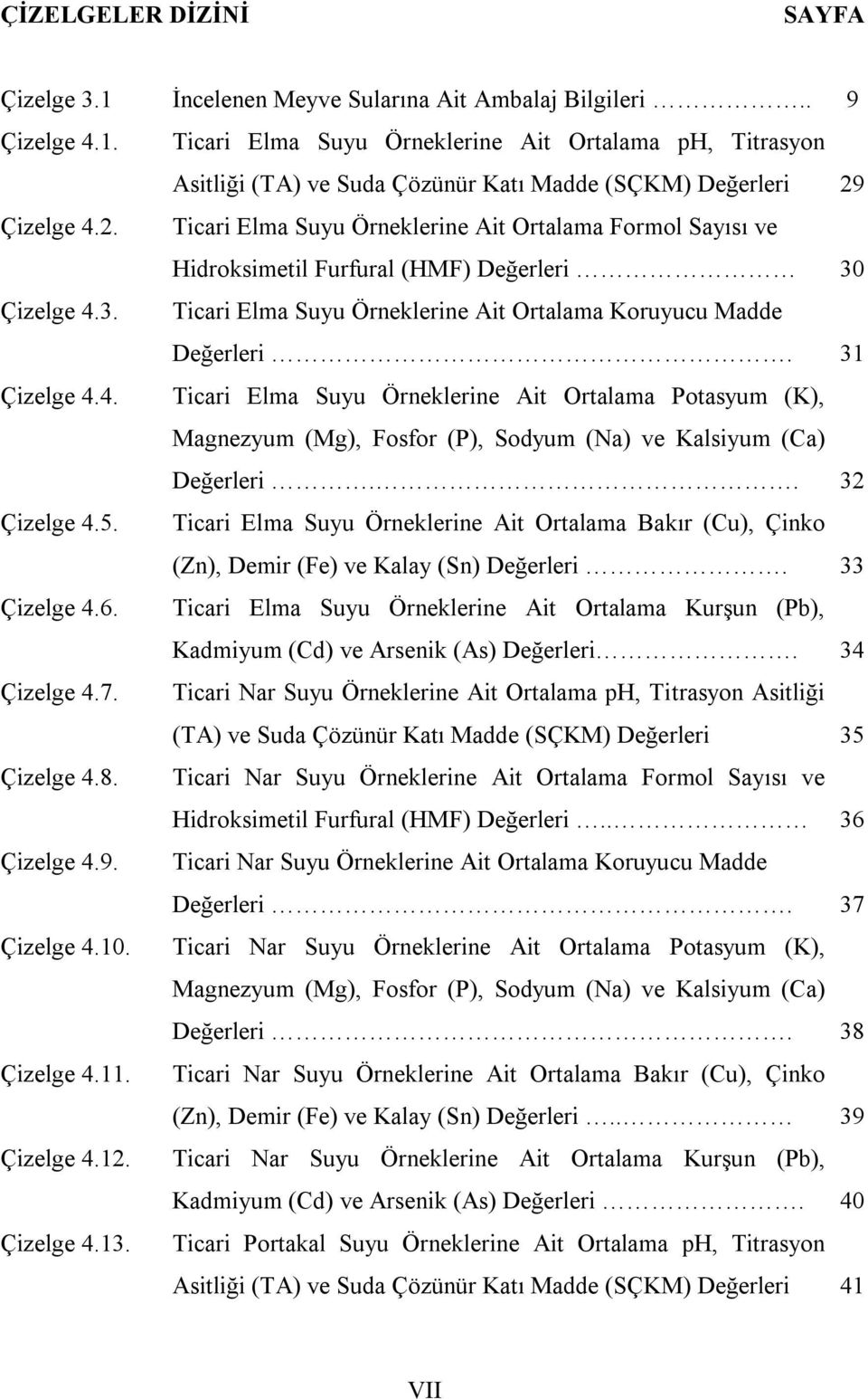 3. Ticari Elma Suyu Örneklerine Ait Ortalama Koruyucu Madde Değerleri. 31 Çizelge 4.