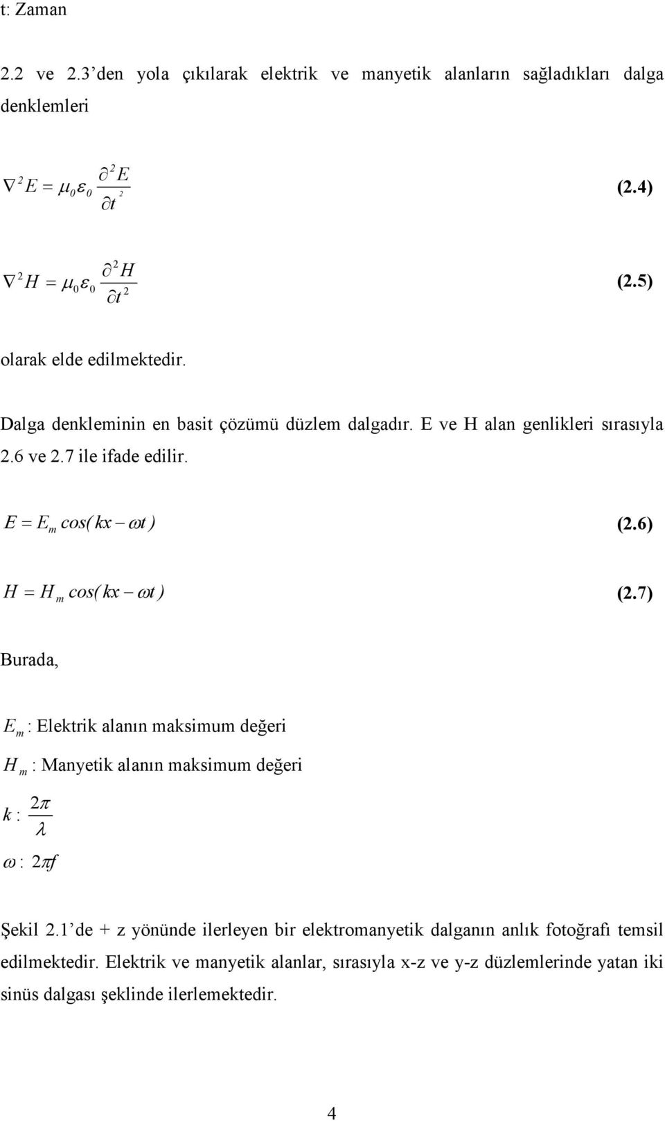 Ε = cos( kx ωt ) (2.6) E m H = H m cos( kx ωt ) (2.7) Burada, E m : Elektrik alanın maksimum değeri H m 2π k : λ ω : : Manyetik alanın maksimum değeri 2 πf Şekil 2.