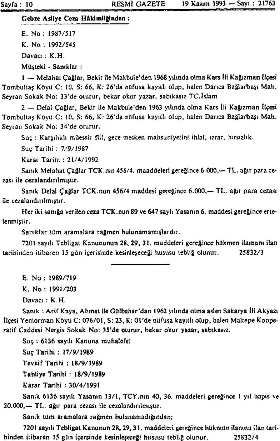 Müşteki Sanıklar : 1 Melahat Çağlar, Bekir ile Makbule*den 1968 yılında olma Kars Ilı Kağızman ilçesi Tombultaş Köyü C: 10, S: 66, Kr 26'da nüfusa kayıtlı olup, halen Darıca Bağlarbaşı Mah.