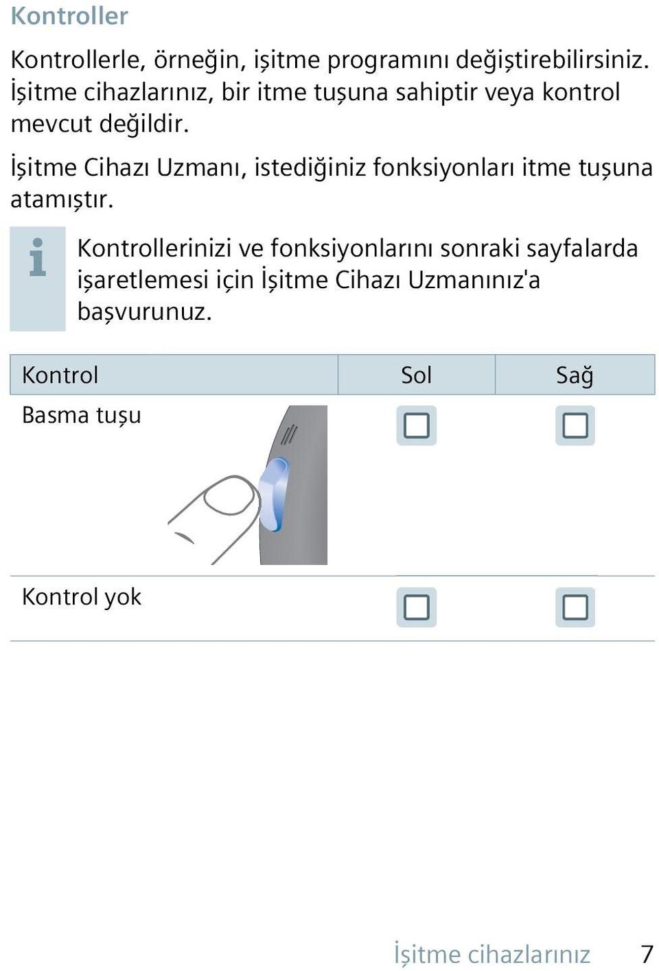 İşitme Cihazı Uzmanı, istediğiniz fonksiyonları itme tuşuna atamıştır.