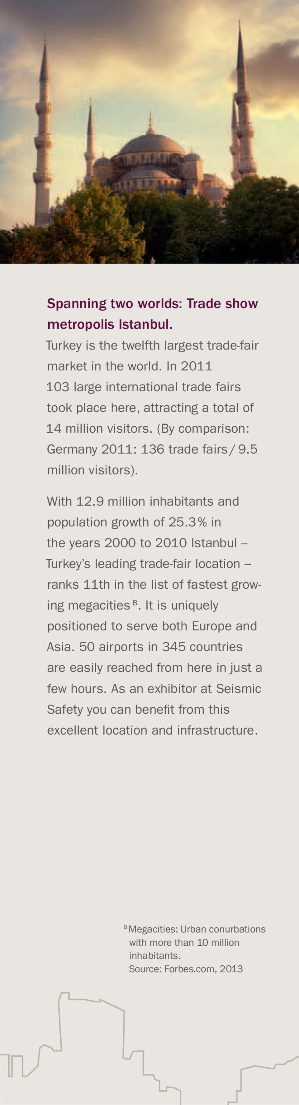 9 million inhabitants and population growth of 25.3 % in the years 2000 to 2010 Istanbul Turkey s leading trade-fair location ranks 11th in the list of fastest growing megacities B.