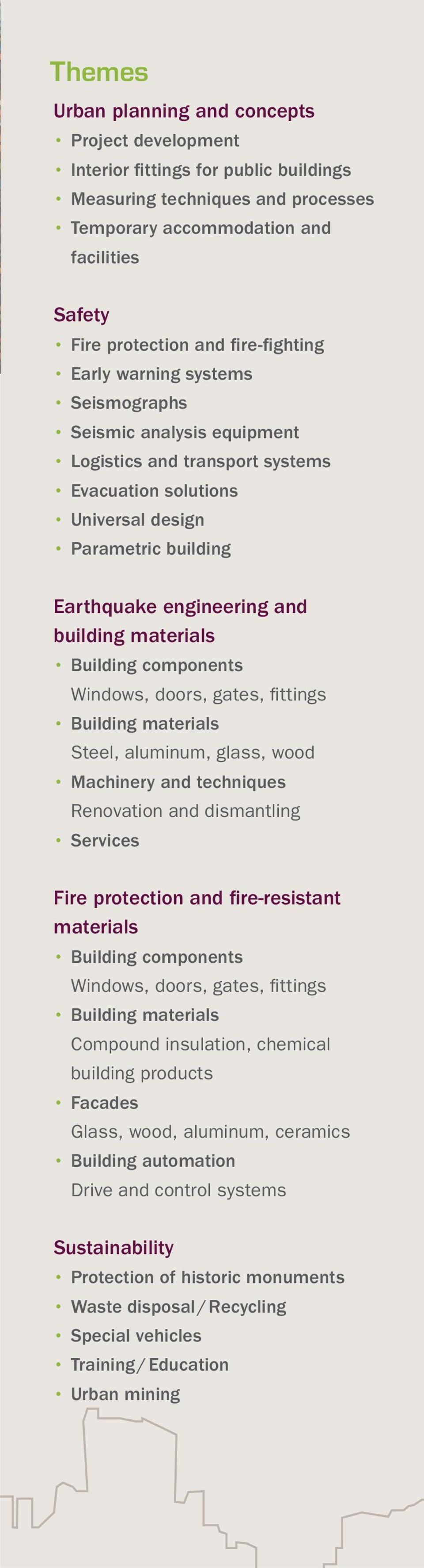 building materials Building components Windows, doors, gates, fittings Building materials Steel, aluminum, glass, wood Machinery and techniques Renovation and dismantling Services Fire protection and