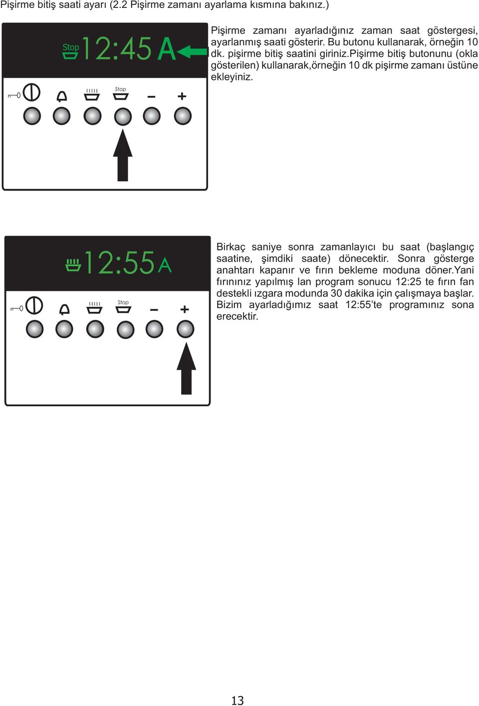 12:55 A Birkaç saniye sonra zamanlayýcý bu saat (baþlangýç saatine, þimdiki saate) dönecektir. Sonra gösterge anahtarý kapanýr ve fýrýn bekleme moduna döner.