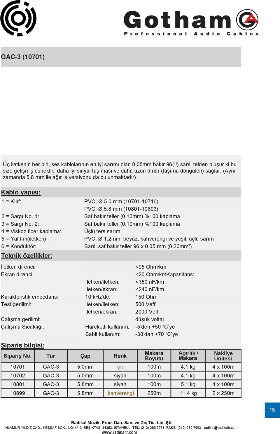 1 = Kılıf: PVC, Ø 5.0 mm (10701-10716) PVC, Ø 5.8 mm (10801-10803) 2 = Sargı No. 1: Saf bakır teller (0.10mm) %100 kaplama 3 = Sargı No. 2: Saf bakır teller (0.