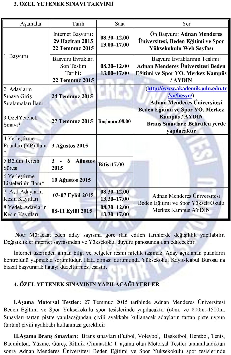 Yedek Adayların Kesin Kayıtları İnternet Başvuru: 29 Haziran 2015 22 Temmuz 2015 Başvuru Evrakları Son Teslim Tarihi: 22 Temmuz 2015 24 Temmuz 2015 08.30 12.00 13.00 17.00 08.30 12.00 13.00 17.00 27 Temmuz 2015 Başlama:08.