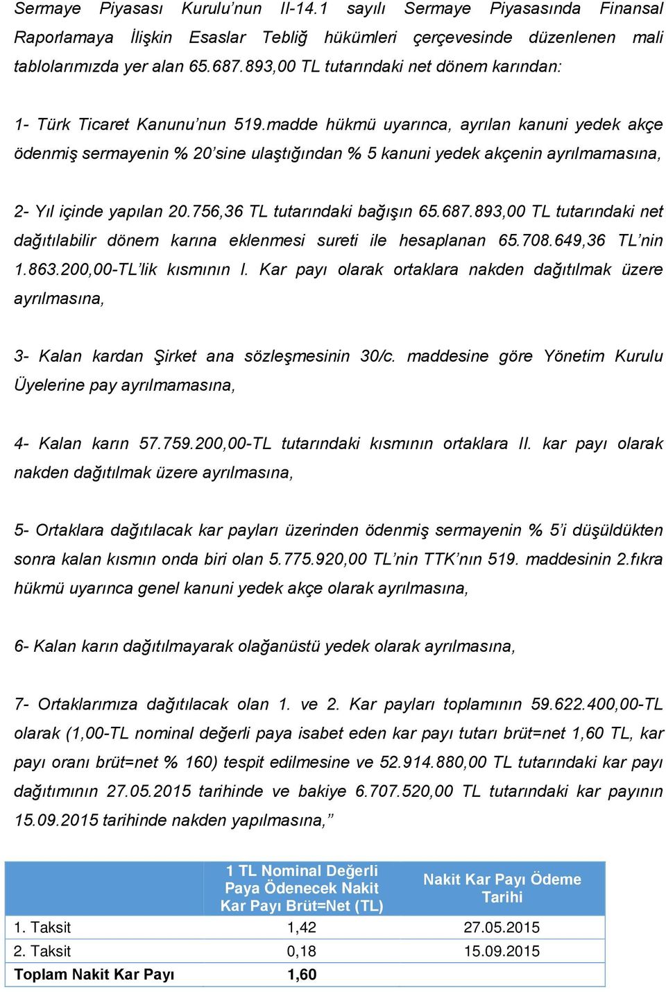 madde hükmü uyarınca, ayrılan kanuni yedek akçe ödenmiş sermayenin % 20 sine ulaştığından % 5 kanuni yedek akçenin ayrılmamasına, 2- Yıl içinde yapılan 20.756,36 TL tutarındaki bağışın 65.687.