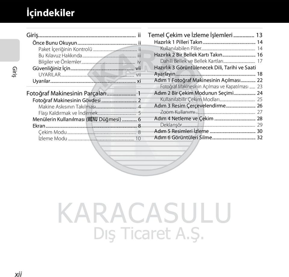 .. 8 Çekim Modu... 8 İzleme Modu... 10 Temel Çekim ve İzleme İşlemleri... 13 Hazırlık 1 Pilleri Takın... 14 Kullanılabilen Piller... 14 Hazırlık 2 Bir Bellek Kartı Takın.