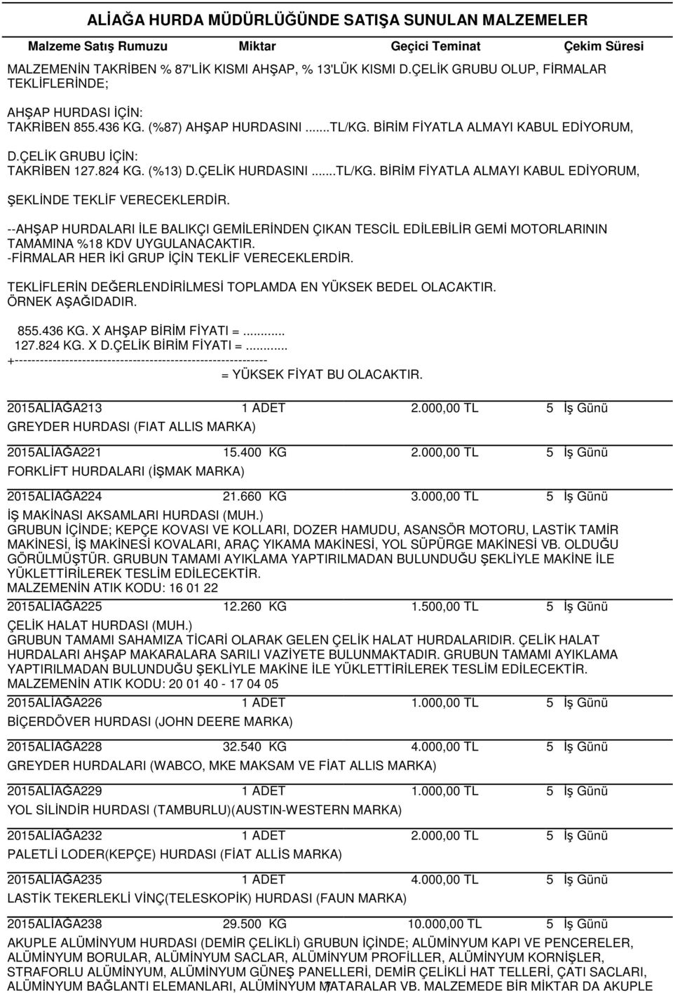 --AHŞAP HURDALARI İLE BALIKÇI GEMİLERİNDEN ÇIKAN TESCİL EDİLEBİLİR GEMİ MOTORLARININ TAMAMINA %18 KDV UYGULANACAKTIR. -FİRMALAR HER İKİ GRUP İÇİN TEKLİF VERECEKLERDİR.