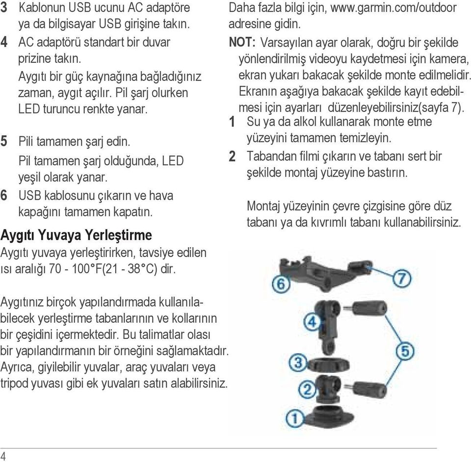 Aygıtı Yuvaya Yerleştirme Aygıtı yuvaya yerleştirirken, tavsiye edilen ısı aralığı 70-100 F(21-38 C) dir. Daha fazla bilgi için, www.garmin.com/outdoor adresine gidin.