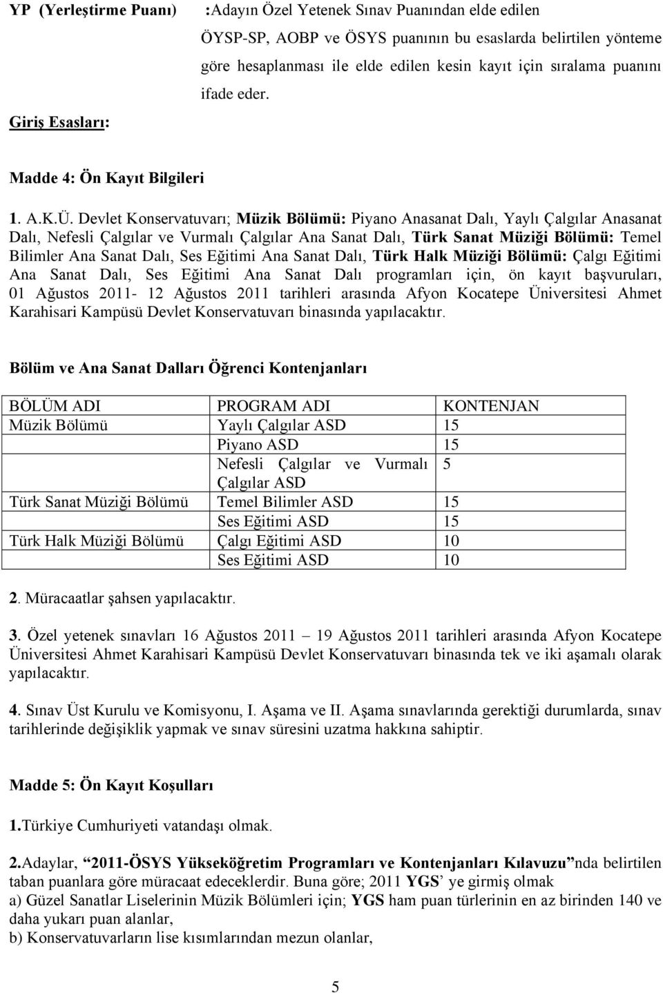 Devlet Konservatuvarı; Müzik Bölümü: Piyano Anasanat Dalı, Yaylı Çalgılar Anasanat Dalı, Nefesli Çalgılar ve Vurmalı Çalgılar Ana Sanat Dalı, Türk Sanat Müziği Bölümü: Temel Bilimler Ana Sanat Dalı,