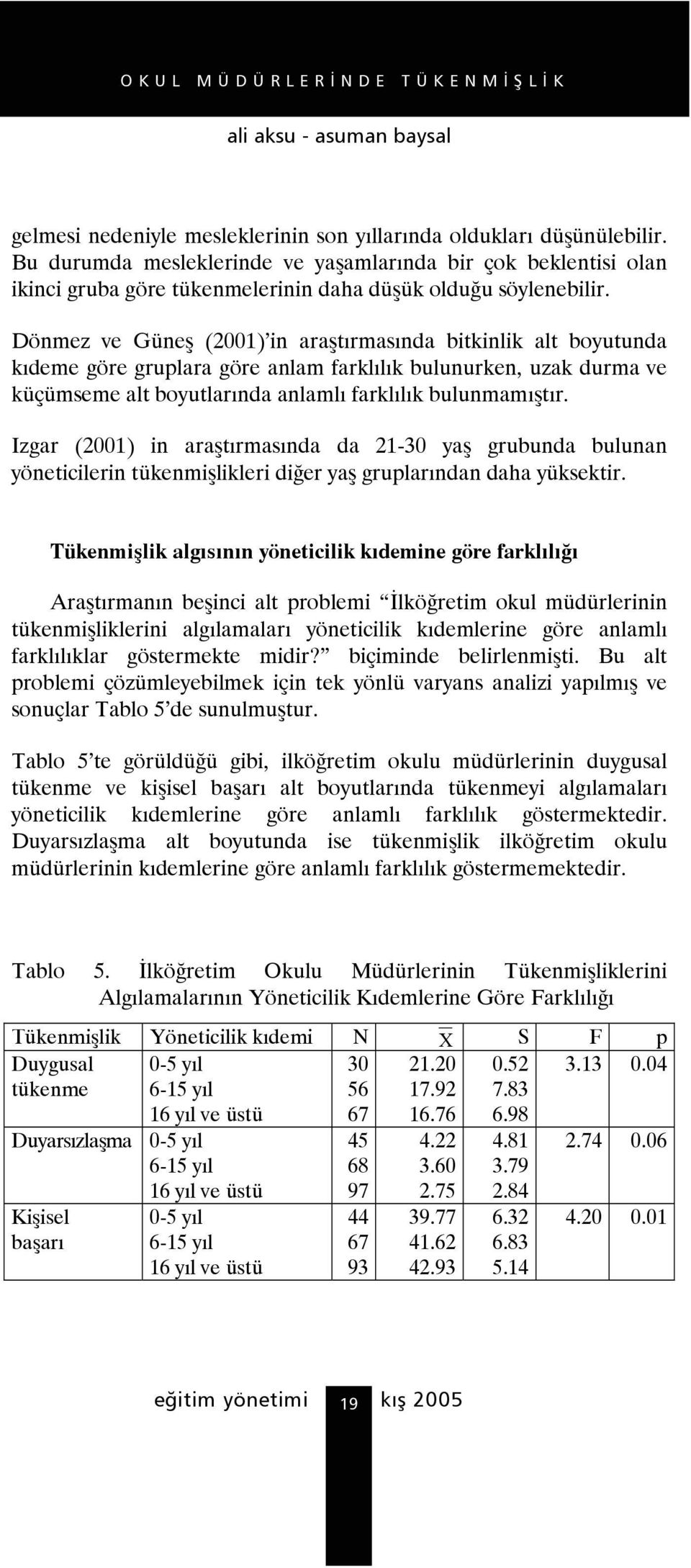 Dönmez ve Güneş (2001) in araştırmasında bitkinlik alt boyutunda kıdeme göre gruplara göre anlam farklılık bulunurken, uzak durma ve küçümseme alt boyutlarında anlamlı farklılık bulunmamıştır.