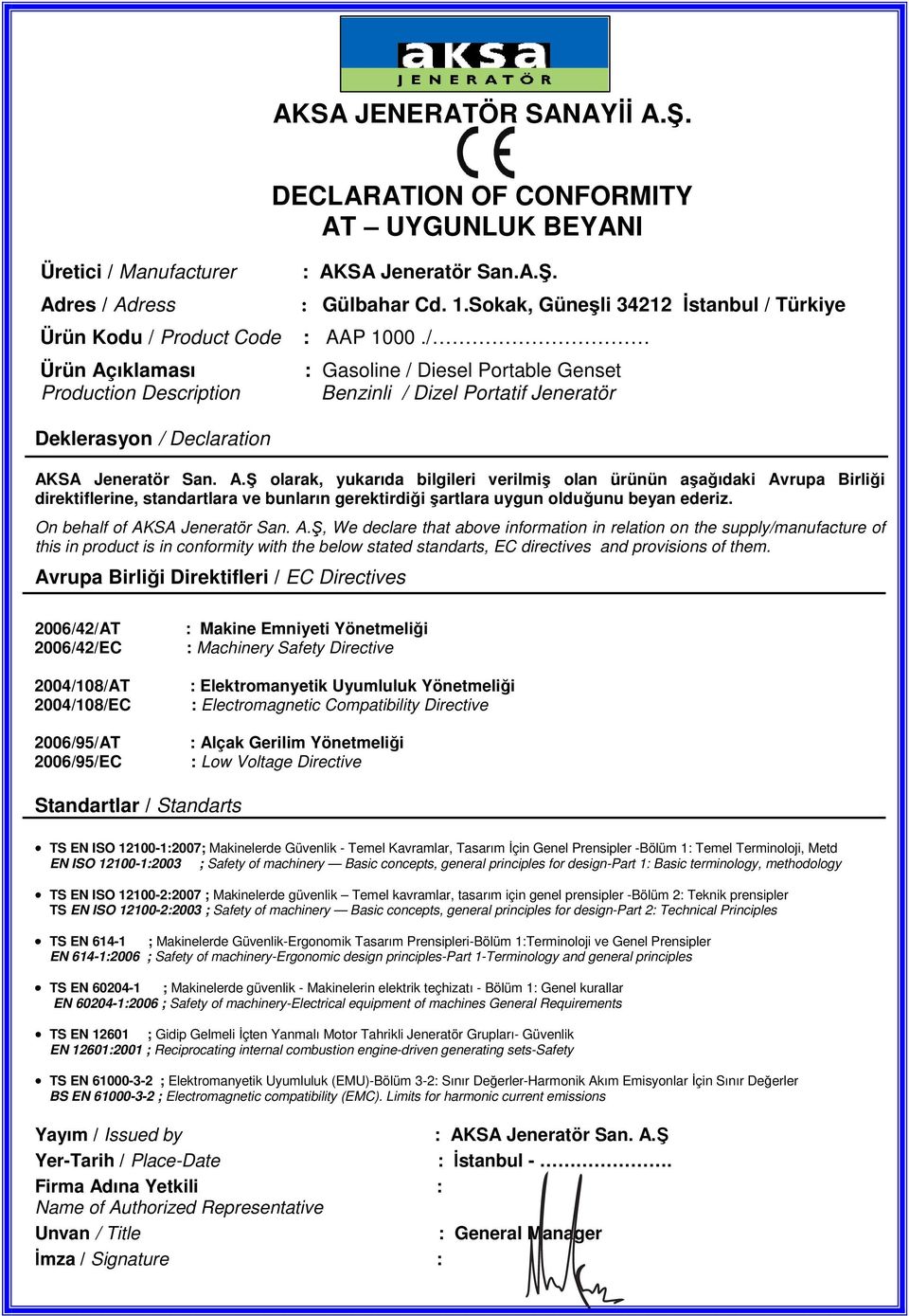 P 1000./ : Gasoline / Diesel Portable Genset Benzinli / Dizel Portatif Jeneratör Deklerasyon / Declaration AK