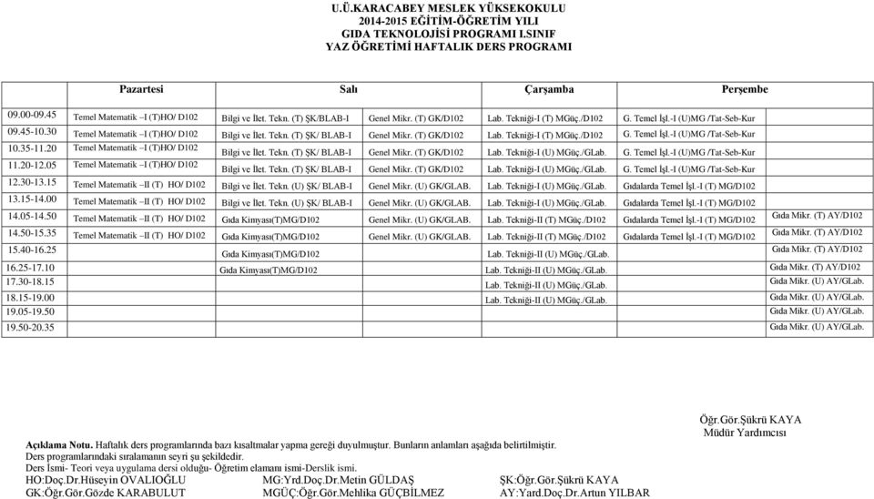 -I (U)MG /Tat-Seb-Kur Temel Matematik I (T)HO/ D102 Bilgi ve İlet. Tekn. (T) ŞK/ BLAB-I Genel Mikr. (T) GK/D102 Lab. Tekniği-I (U) MGüç./GLab. G. Temel İşl.