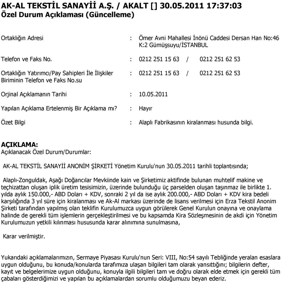 : 0212 251 15 63 / 0212 251 62 53 Ortaklığın Yatırımcı/Pay Sahipleri İle İlişkiler Biriminin Telefon ve Faks No.su : 0212 251 15 63 / 0212 251 62 53 Orjinal Açıklamanın Tarihi : 10.05.