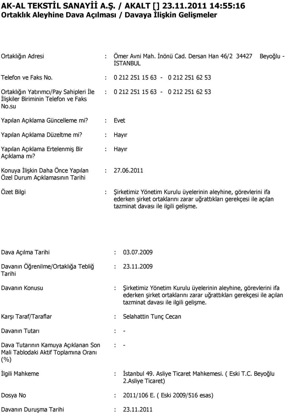 su : 0 212 251 15 63-0 212 251 62 53 Yapılan Açıklama Güncelleme mi? : Evet Yapılan Açıklama Düzeltme mi? : Hayır Yapılan Açıklama Ertelenmiş Bir Açıklama mı?