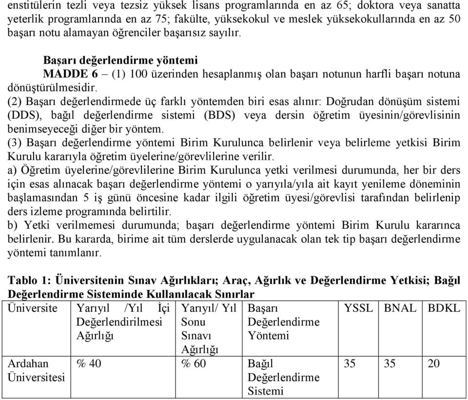 (2) Başarı değerlendirmede üç farklı yöntemden biri esas alınır: Doğrudan dönüşüm sistemi (DDS), bağıl değerlendirme sistemi (BDS) veya dersin öğretim üyesinin/görevlisinin benimseyeceği diğer bir