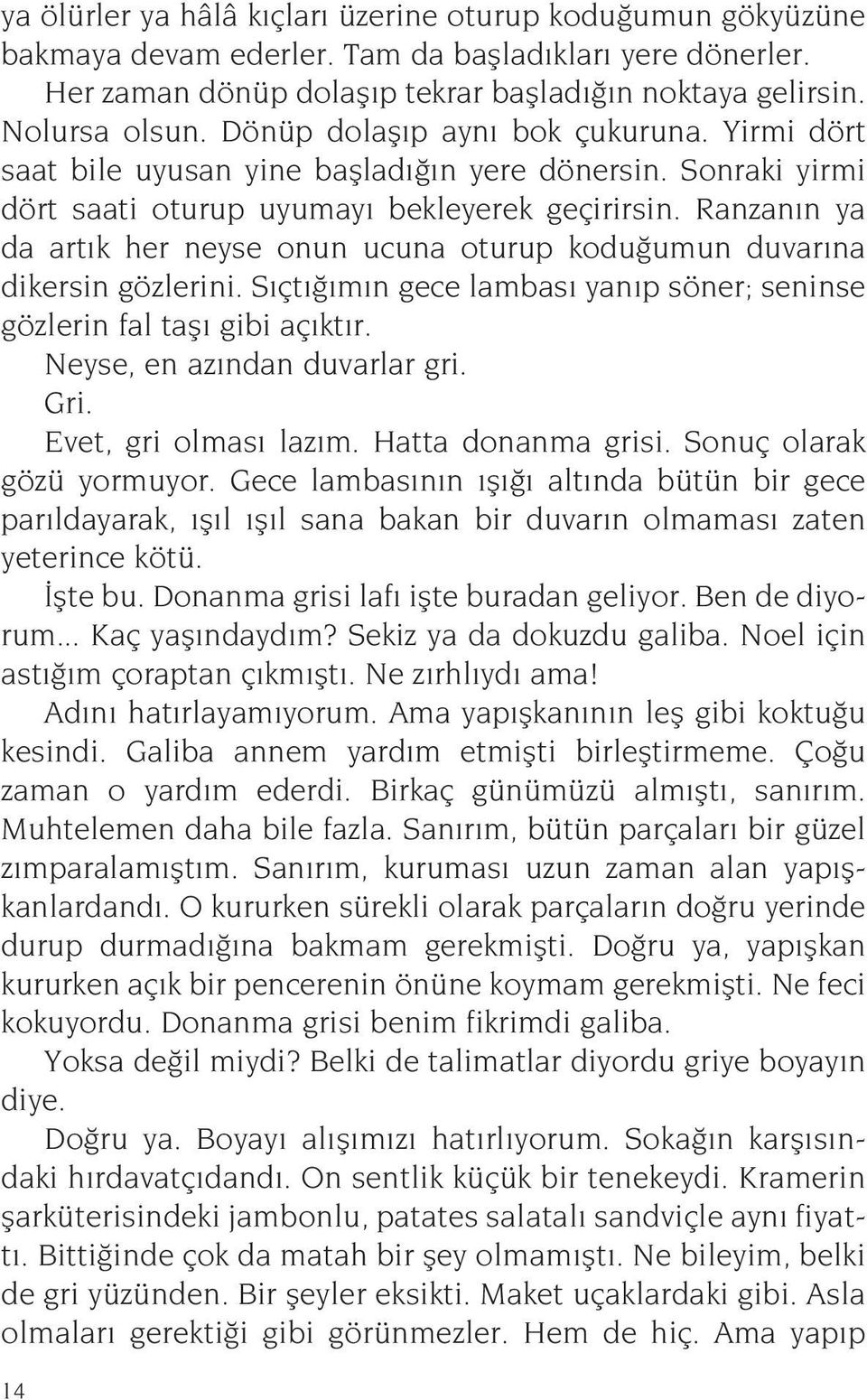 Ranzanın ya da artık her neyse onun ucuna oturup koduğumun duvarına dikersin gözlerini. Sıçtığımın gece lambası yanıp söner; seninse gözlerin fal taşı gibi açıktır. Neyse, en azından duvarlar gri.