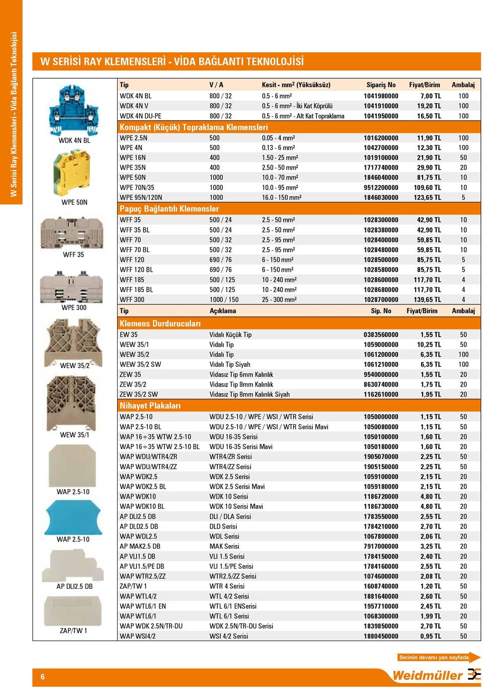 5-6 mm² - İki Kat Köprülü 1041910000 19,20 TL 100 WDK 4N DU-PE 800 / 32 0.5-6 mm² - Alt Kat Topraklama 1041950000 16,50 TL 100 Kompakt (Küçük) Topraklama Klemensleri WPE 2.5N 500 0.