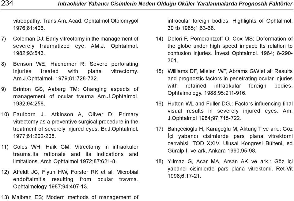 9) Brinton GS, Aaberg TM: Changing aspects of management of ocular trauma Am.J.Ophtalmol. 1982;94:258. 10) Faulborn J.