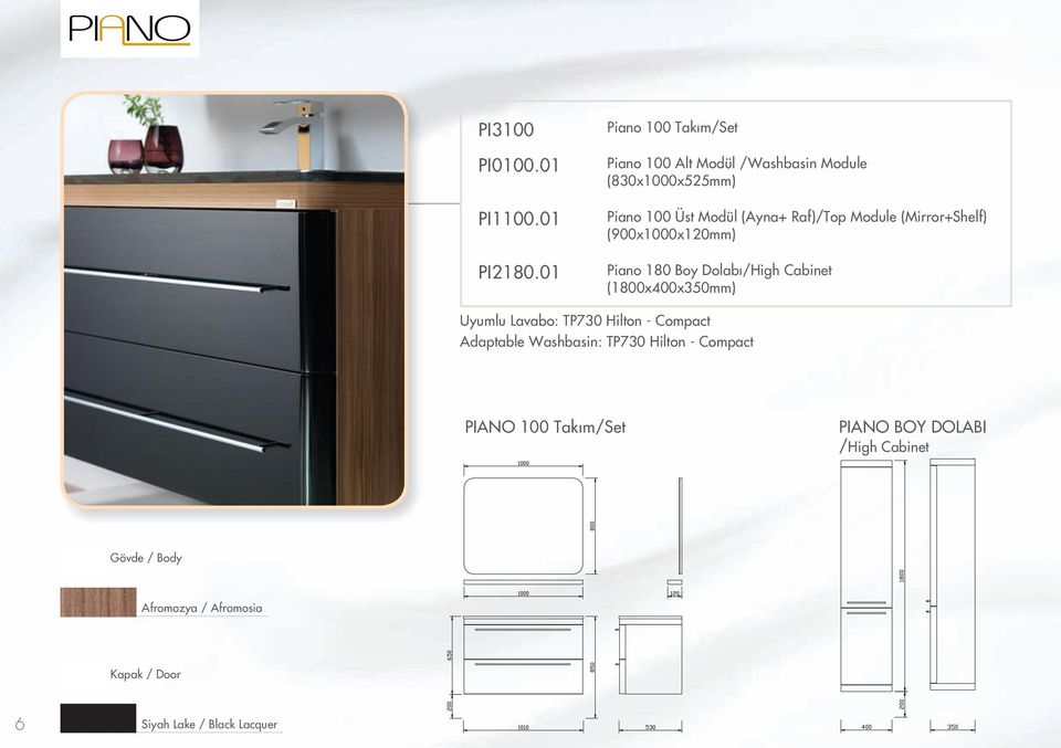 Raf)/Top Module (Mirror+Shelf) (900x1000x120mm) Piano 180 Boy Dolabı/High Cabinet (1800x400x350mm) Uyumlu