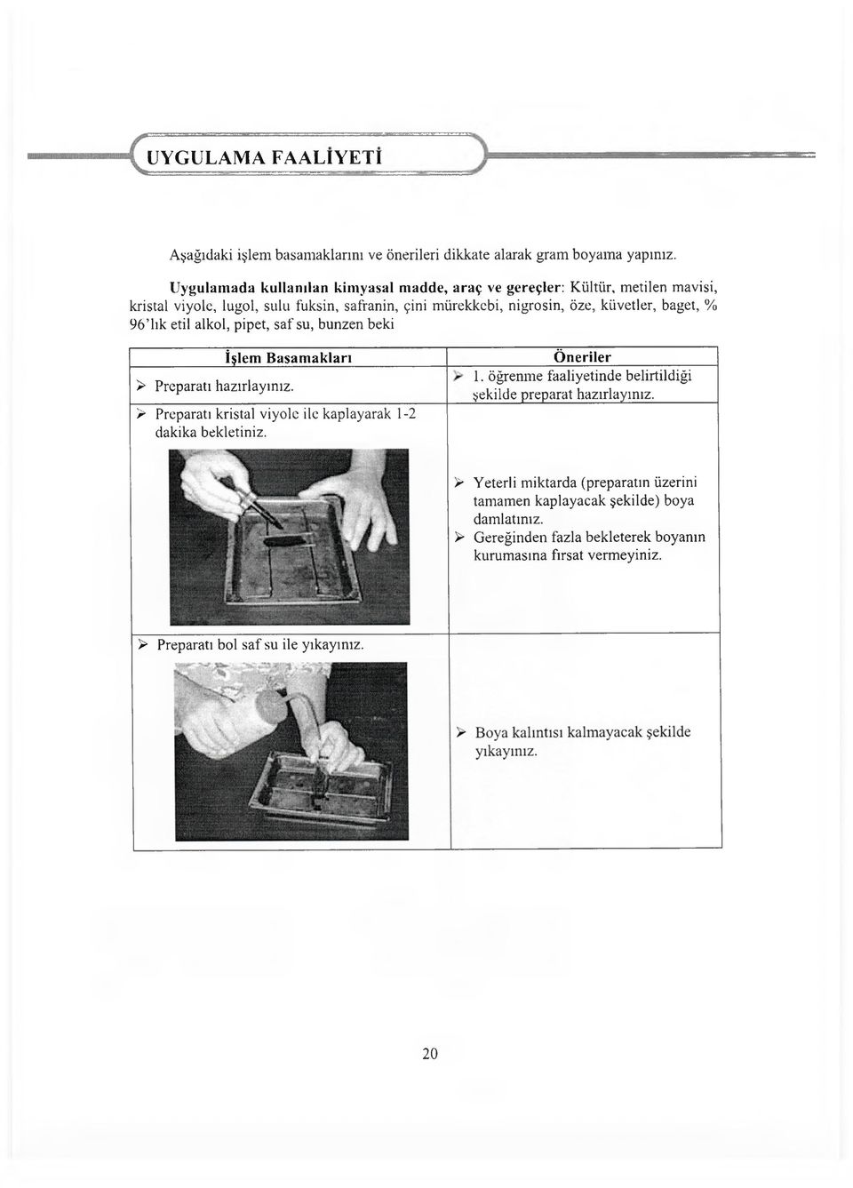 % 96 lık etil alkol, pipet, saf su, bunzen beki İşlem Basamakları > Prcparatı hazırlayınız. > Preparatı kristal viyole ile kaplayarak 1-2 dakika bekletiniz. Öneriler 1.