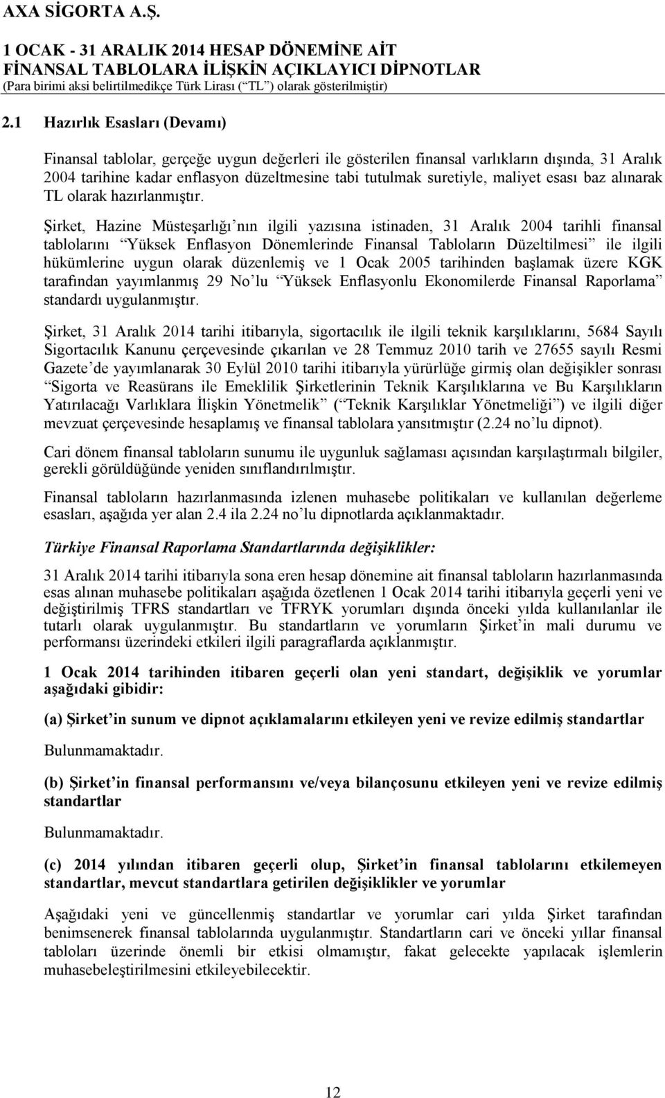 ġirket, Hazine MüsteĢarlığı nın ilgili yazısına istinaden, 31 Aralık 2004 tarihli finansal tablolarını Yüksek Enflasyon Dönemlerinde Finansal Tabloların Düzeltilmesi ile ilgili hükümlerine uygun