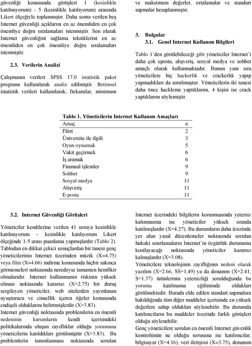 Son olarak Internet güvenliğini sağlama tekniklerini en az önemliden en çok önemliye doğru sıralamaları istenmiştir. 2.3. Verilerin Analizi Çalışmanın verileri SPSS 17.