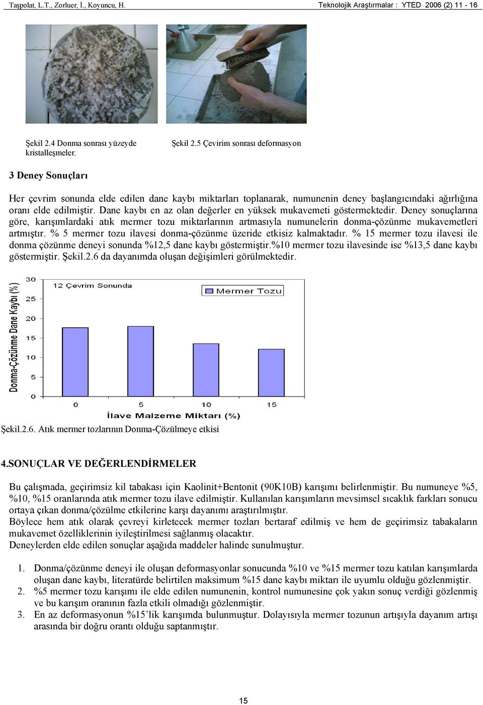 5 Çevirim sonrası deformasyon 3 Deney Sonuçları Her çevrim sonunda elde edilen dane kaybı miktarları toplanarak, numunenin deney başlangıcındaki ağırlığına oranı elde edilmiştir.