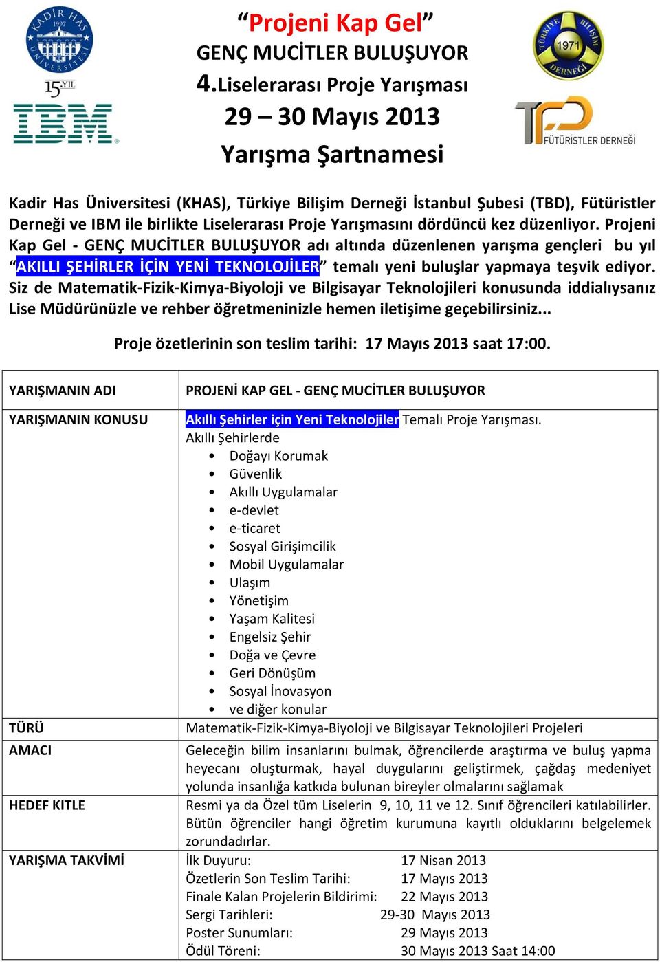 kez düzenliyor. Projeni Kap Gel GENÇ MUCİTLER BULUŞUYOR adı altında düzenlenen yarışma gençleri bu yıl AKILLI ŞEHİRLER İÇİN YENİ TEKNOLOJİLER temalı yeni buluşlar yapmaya teşvik ediyor.