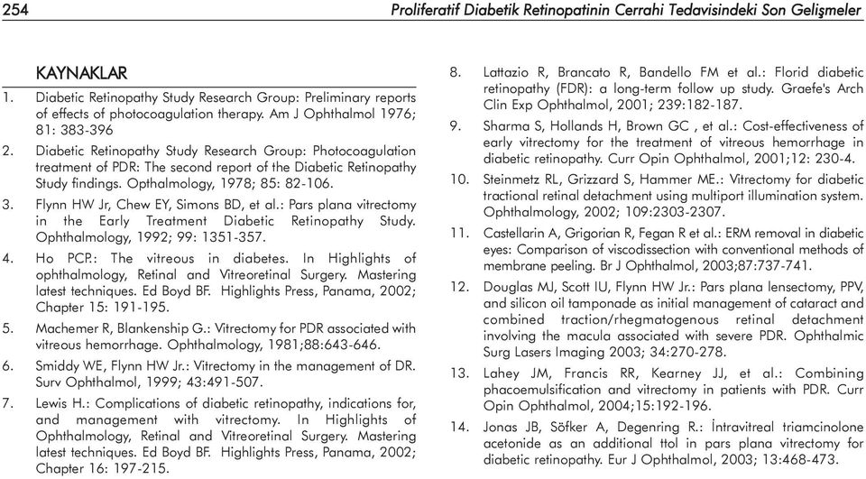 Opthalmology, 1978; 85: 82-106. 3. Flynn HW Jr, Chew EY, Simons BD, et al.: Pars plana vitrectomy in the Early Treatment Diabetic Retinopathy Study. Ophthalmology, 1992; 99: 1351-357. 4. Ho PCP.