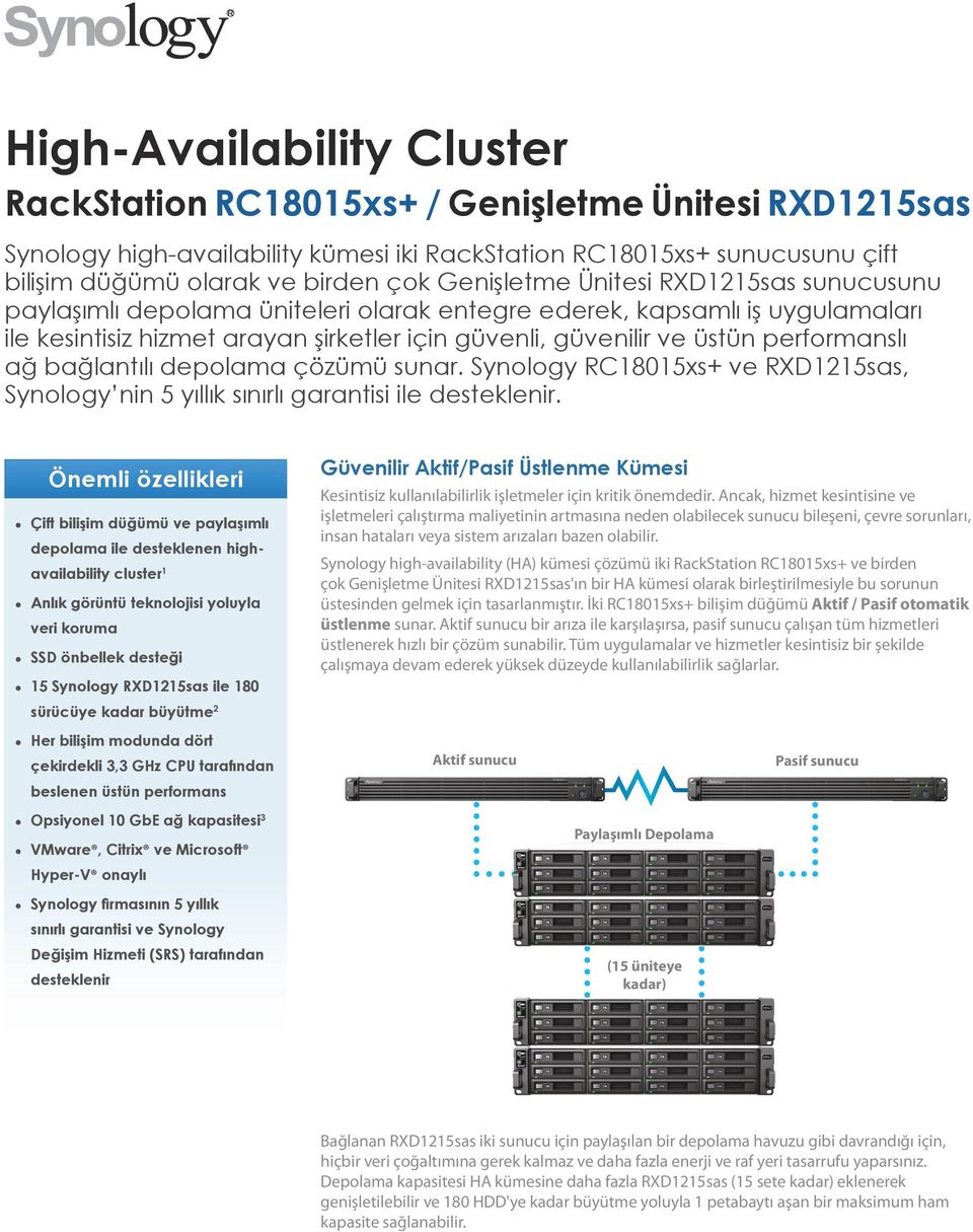 bağlantılı depolama çözümü sunar. Synology RC805xs+ ve RXD25sas, Synology nin 5 yıllık sınırlı garantisi ile desteklenir.