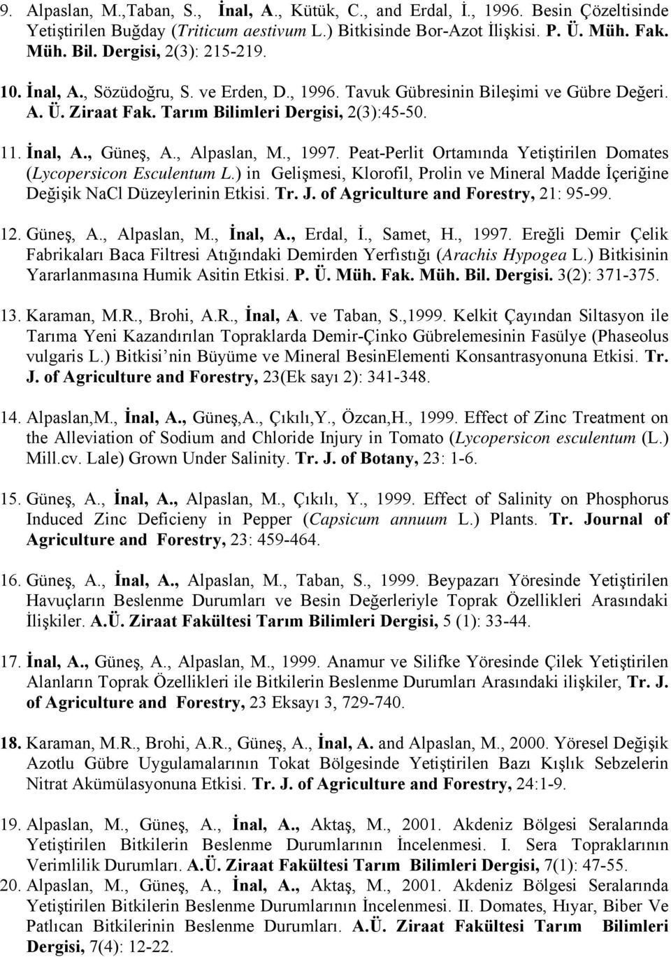 , Alpaslan, M., 1997. Peat-Perlit Ortamında Yetiştirilen Domates (Lycopersicon Esculentum L.) in Gelişmesi, Klorofil, Prolin ve Mineral Madde İçeriğine Değişik NaCl Düzeylerinin Etkisi. Tr. J.