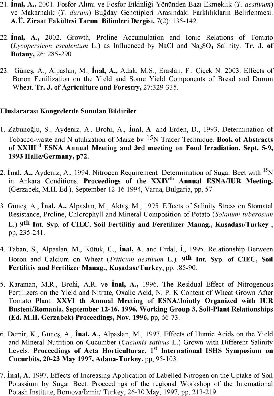 ) as Influenced by NaCl and Na 2 SO 4 Salinity. Tr. J. of Botany, 26: 285-290. 23. Güneş, A., Alpaslan, M., İnal, A., Adak, M.S., Eraslan, F., Çiçek N. 2003.