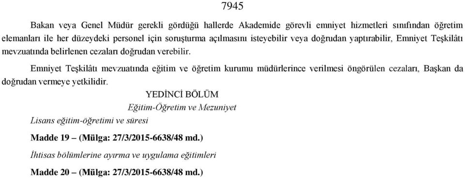 Emniyet Teşkilâtı mevzuatında eğitim ve öğretim kurumu müdürlerince verilmesi öngörülen cezaları, Başkan da doğrudan vermeye yetkilidir.