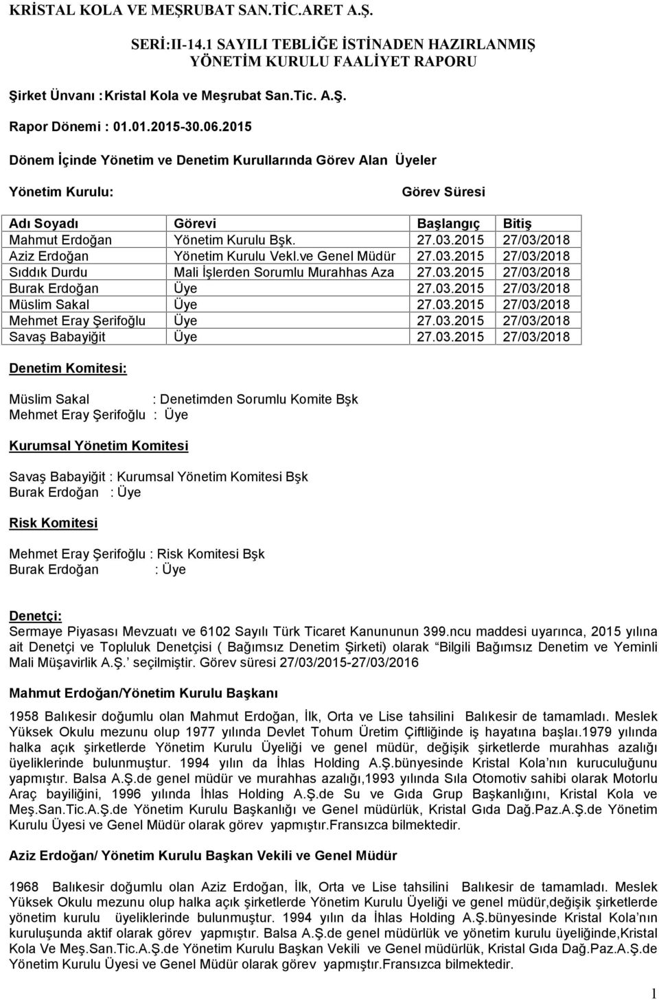 2015 27/03/2018 Aziz Erdoğan Yönetim Kurulu Vekl.ve Genel Müdür 27.03.2015 27/03/2018 Sıddık Durdu Mali İşlerden Sorumlu Murahhas Aza 27.03.2015 27/03/2018 Burak Erdoğan Üye 27.03.2015 27/03/2018 Müslim Sakal Üye 27.