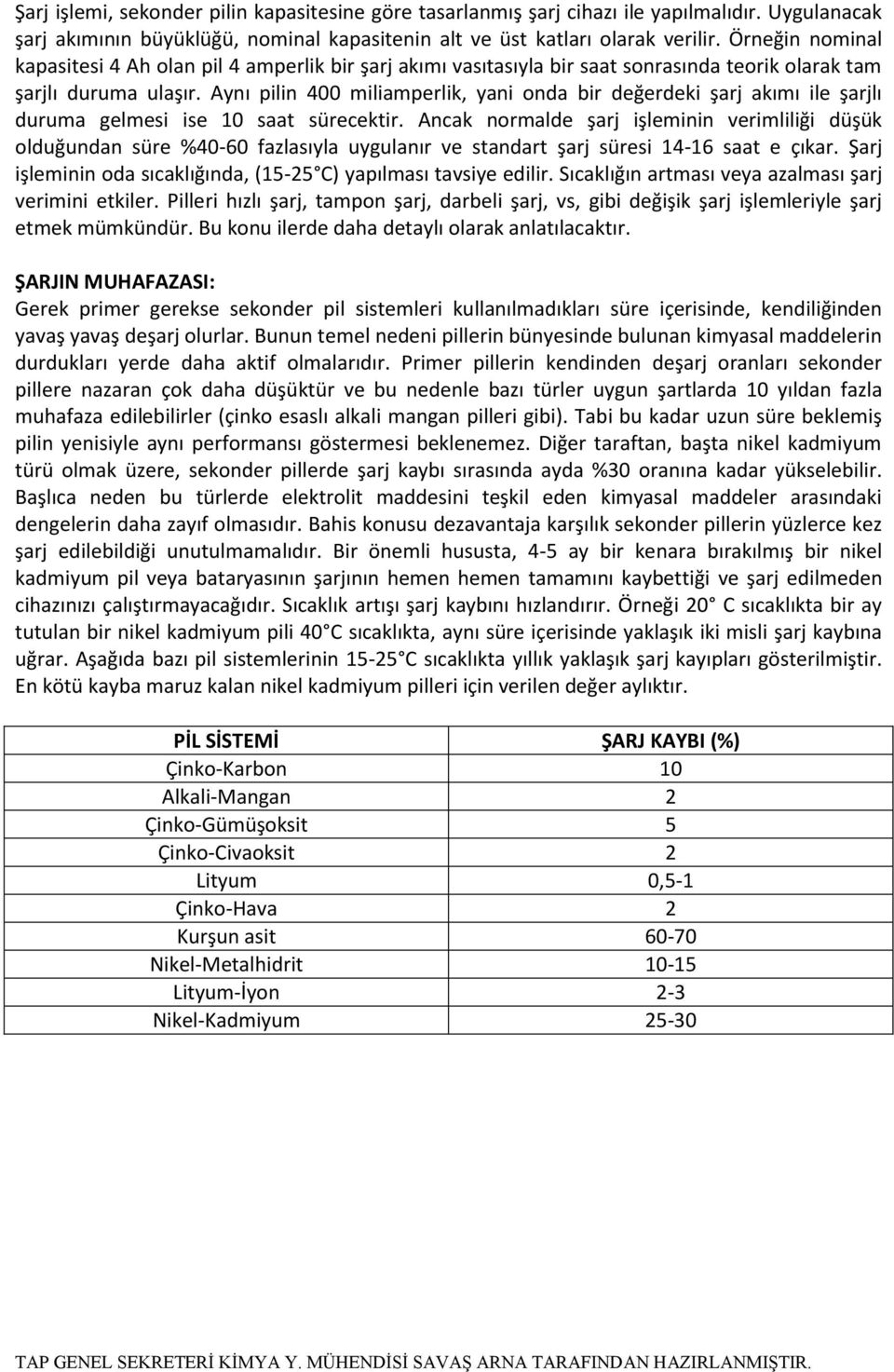 Aynı pilin 400 miliamperlik, yani onda bir değerdeki şarj akımı ile şarjlı duruma gelmesi ise 10 saat sürecektir.