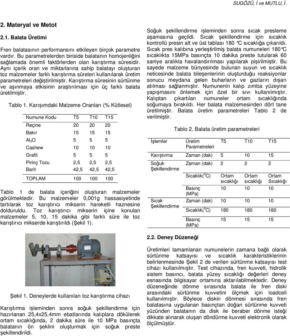 Aynı içerik oran ve miktarlarına sahip balatayı oluşturan toz malzemeler farklı karıştırma süreleri kullanılarak üretim parametreleri değiştirilmiştir.