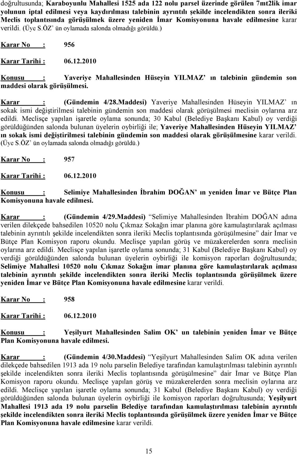 ) Karar No : 956 Konusu : Yaveriye Mahallesinden Hüseyin YILMAZ ın talebinin gündemin son maddesi olarak görüşülmesi. Karar : (Gündemin 4/28.