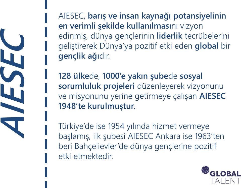 128 ülkede, 1000 e yakın şubede sosyal sorumluluk projeleri düzenleyerek vizyonunu ve misyonunu yerine getirmeye çalışan AIESEC