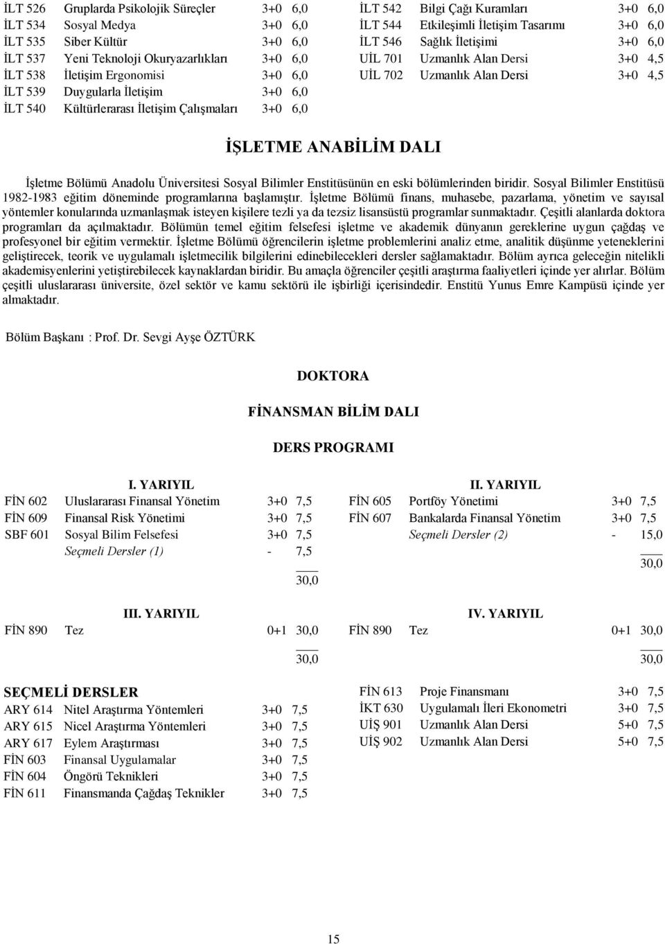 701 Uzmanlık Alan Dersi 3+0 4,5 UİL 702 Uzmanlık Alan Dersi 3+0 4,5 İŞLETME ANABİLİM DALI İşletme Bölümü Anadolu Üniversitesi Sosyal Bilimler Enstitüsünün en eski bölümlerinden biridir.