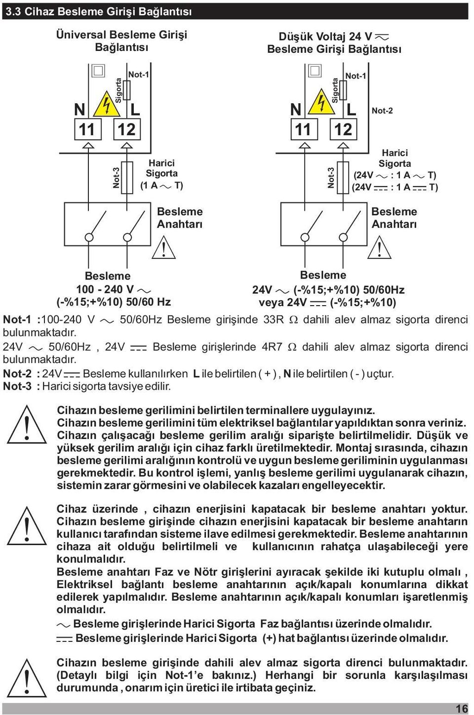 24 50/60Hz, 24 Besleme giriþlerinde 4R7 dahili alev almaz sigorta direnci bulunmaktadýr. Not-2 : 24 Besleme kullanýlýrken L ile belirtilen ( +), N ilebelirtilen ( - ) uçtur.