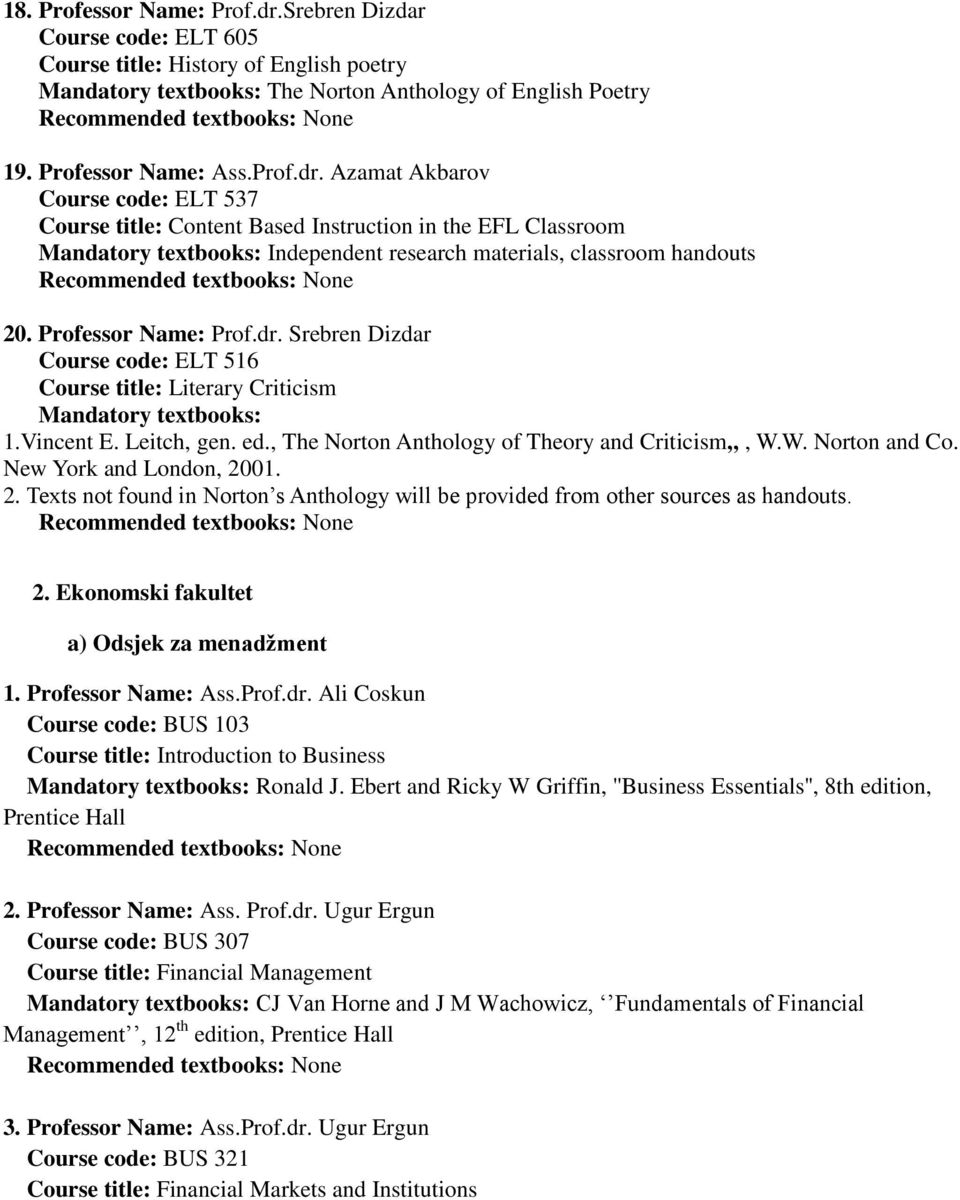 New York and London, 2001. 2. Texts not found in Norton s Anthology will be provided from other sources as handouts. 2. Ekonomski fakultet a) Odsjek za menadžment 1. Professor Name: Ass.Prof.dr.