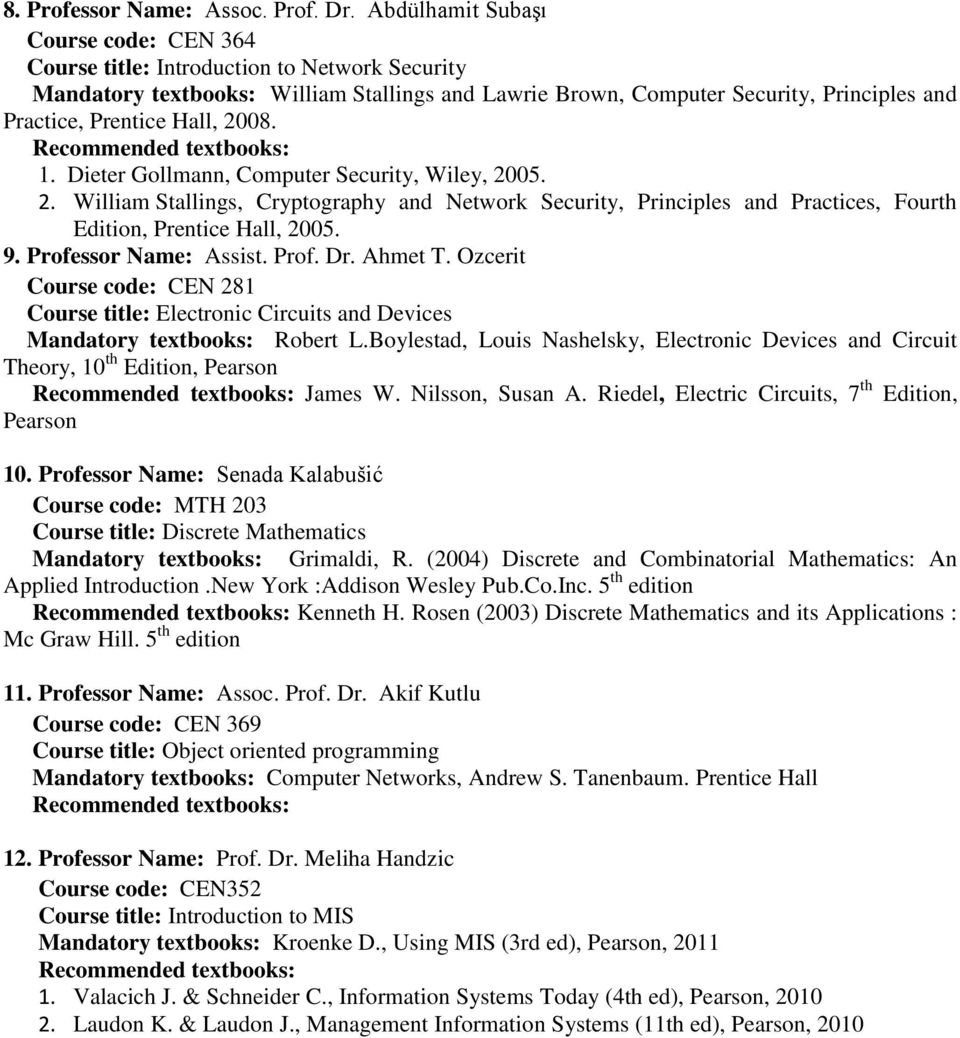 Dieter Gollmann, Computer Security, Wiley, 2005. 2. William Stallings, Cryptography and Network Security, Principles and Practices, Fourth Edition, Prentice Hall, 2005. 9. Professor Name: Assist.