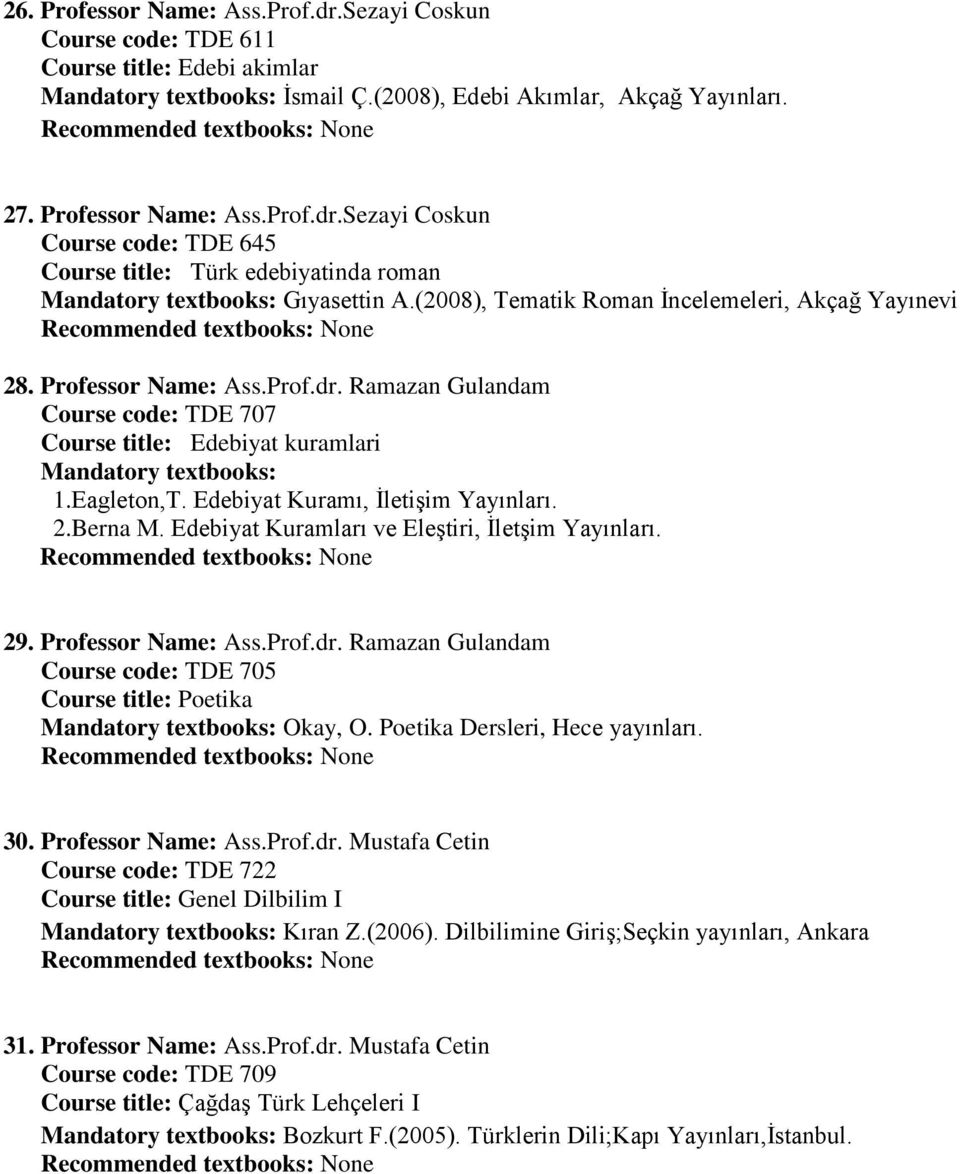 Edebiyat Kuramı, ĠletiĢim Yayınları. 2.Berna M. Edebiyat Kuramları ve EleĢtiri, ĠletĢim Yayınları. 29. Professor Name: Ass.Prof.dr. Ramazan Gulandam Course code: TDE 705 Course title: Poetika Okay, O.