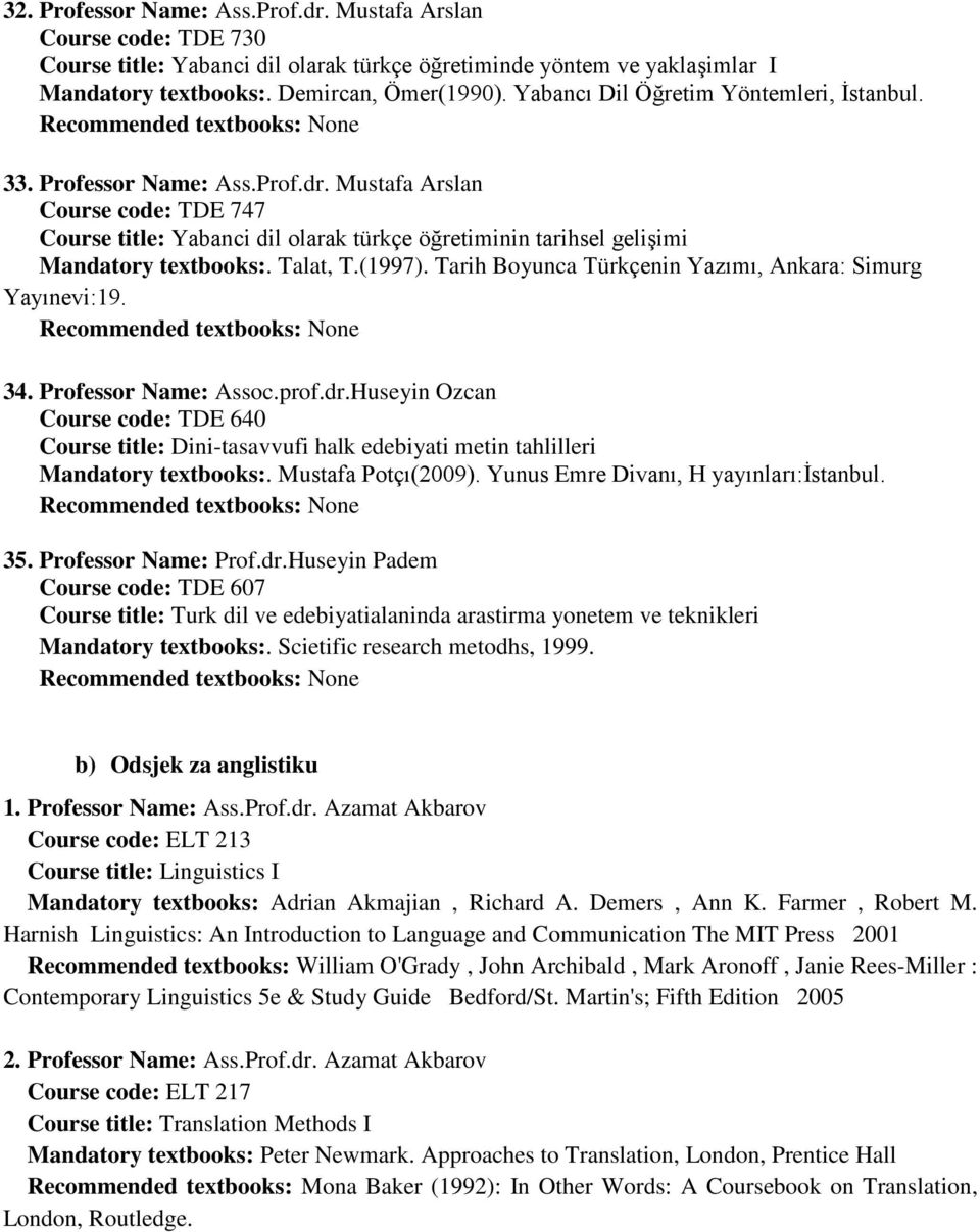 Tarih Boyunca Türkçenin Yazımı, Ankara: Simurg Yayınevi:19. 34. Professor Name: Assoc.prof.dr.Huseyin Ozcan Course code: TDE 640 Course title: Dini-tasavvufi halk edebiyati metin tahlilleri.