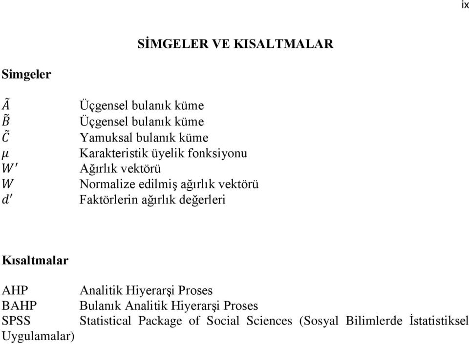 vektörü Faktörlerin ağırlık değerleri Kısaltmalar AHP Analitik Hiyerarşi Proses BAHP Bulanık