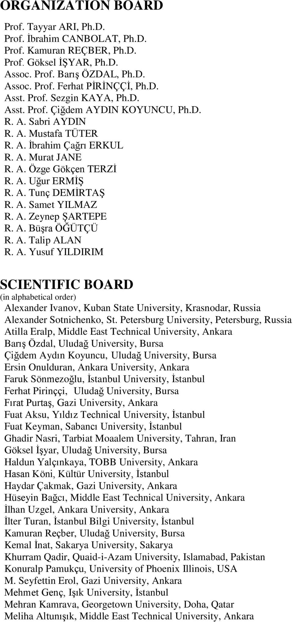 A. Samet YILMAZ R. A. Zeynep ŞARTEPE R. A. Büşra ÖĞÜTÇÜ R. A. Talip ALAN R. A. Yusuf YILDIRIM SCIENTIFIC BOARD (in alphabetical order) Alexander Ivanov, Kuban State University, Krasnodar, Russia Alexander Sotnichenko, St.