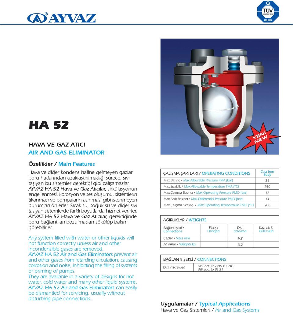 S cak su, so uk su ve di er s v taß yan sistemlerde farkl boyutlarda hizmet verirler. AYVAZ HA Hava ve Gaz At c lar, gerekti inde boru ba lant lar bozulmadan sökülüp bak m görebilirler.